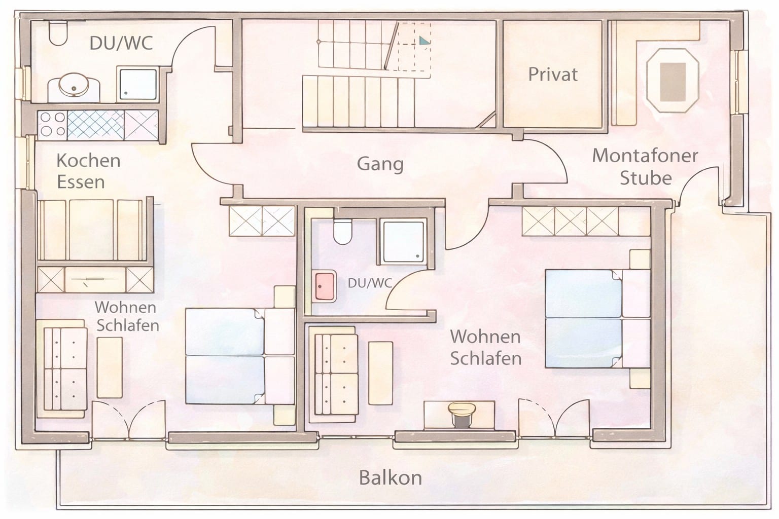 Grundriss der Ferienwohnung: Kochen/Essen, zwei Wohn-Schlafzimmer, zwei DU/WC und Balkon