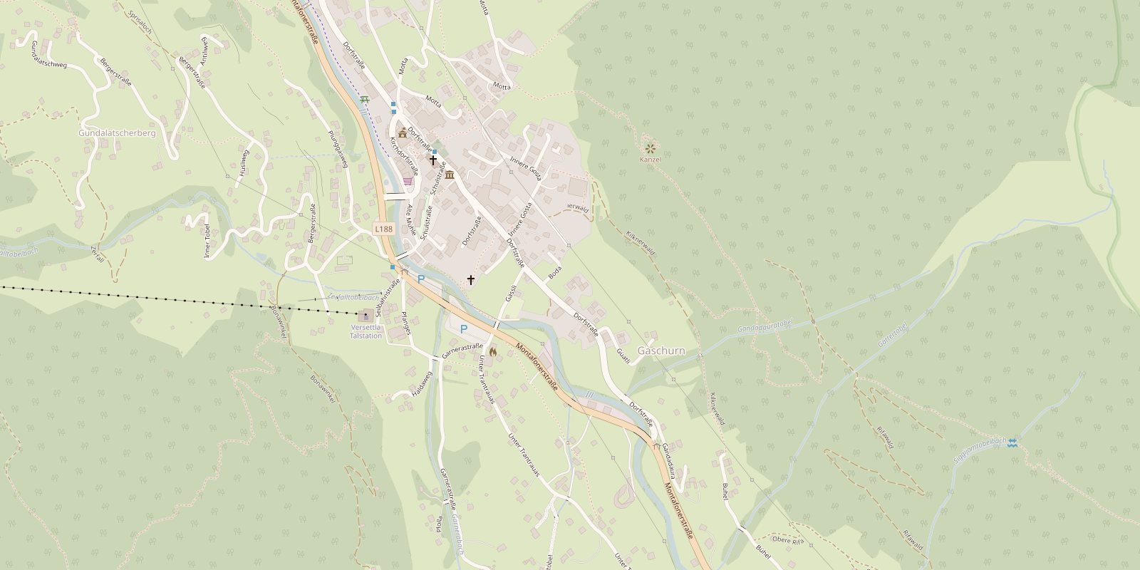 Karte: Lage des Landhaus Angelika in Gaschurn nahe Ortszentrum und Talstation der Versettla Bahn